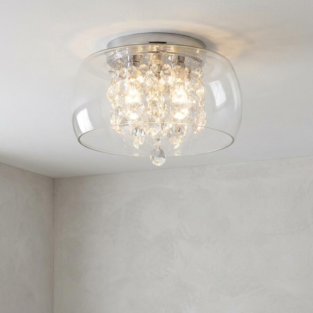 Curva flush bathroom ceiling light featuring a clear glass bowl shade and sparkling interior crystal droplets.