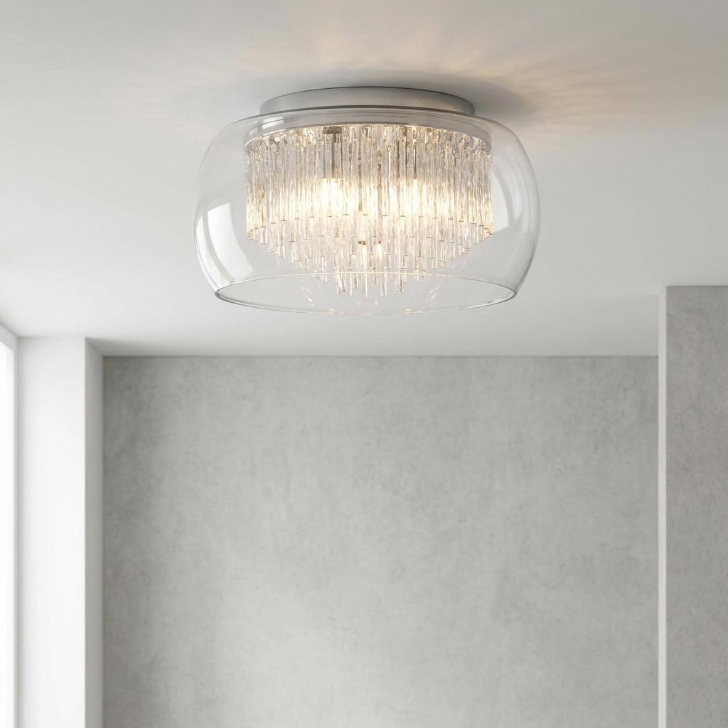 Curva 4-light bathroom ceiling flush mount with clear glass shade and crystal-like inner droplets.