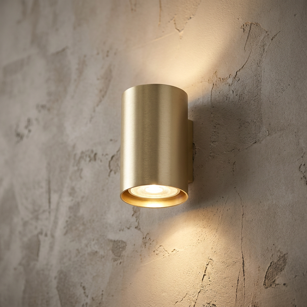 Cylindrical gold wall sconce emitting an up-and-down glow against a rustic, textured plaster wall.