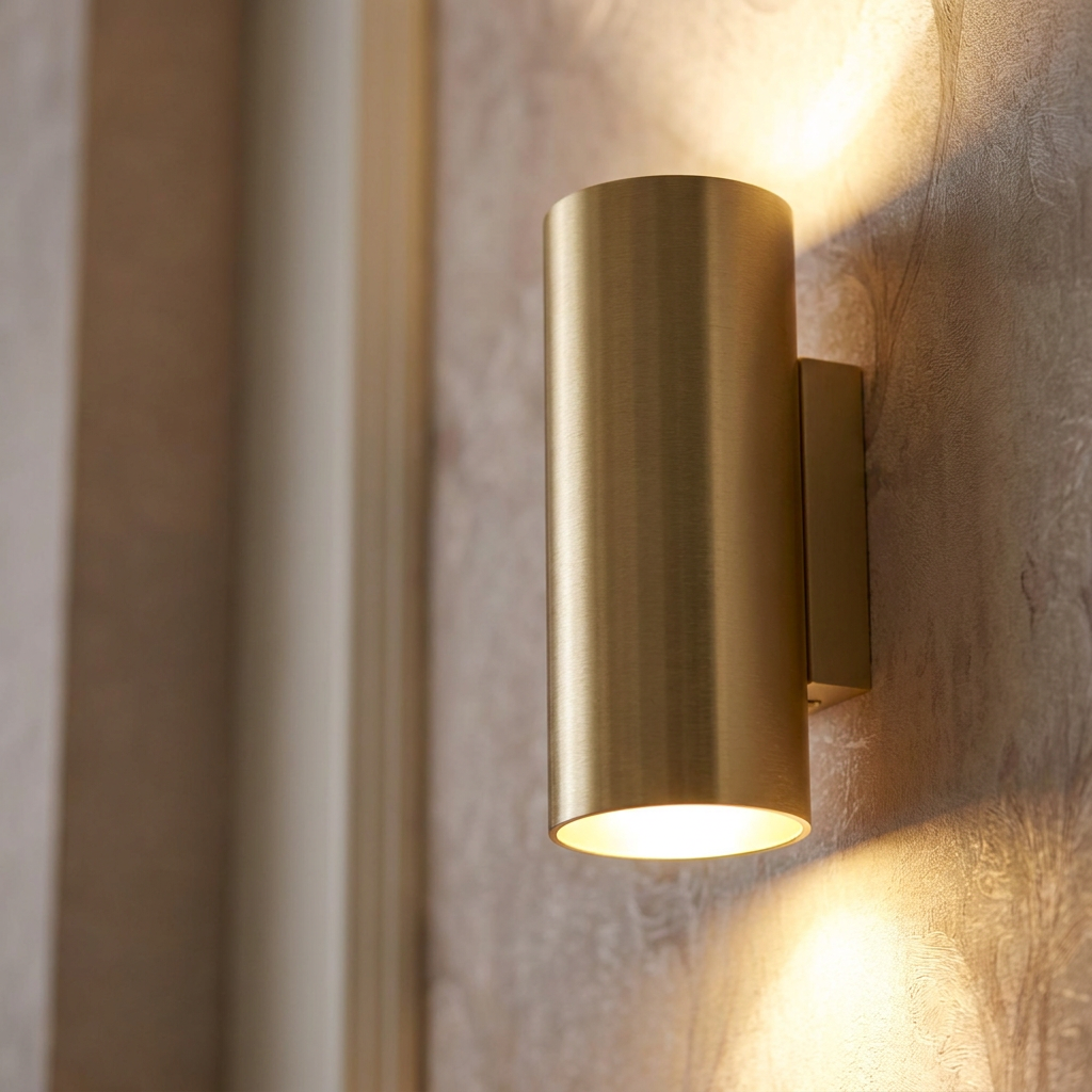 Brushed gold cylindrical wall light casting warm upward and downward light on a textured wall.