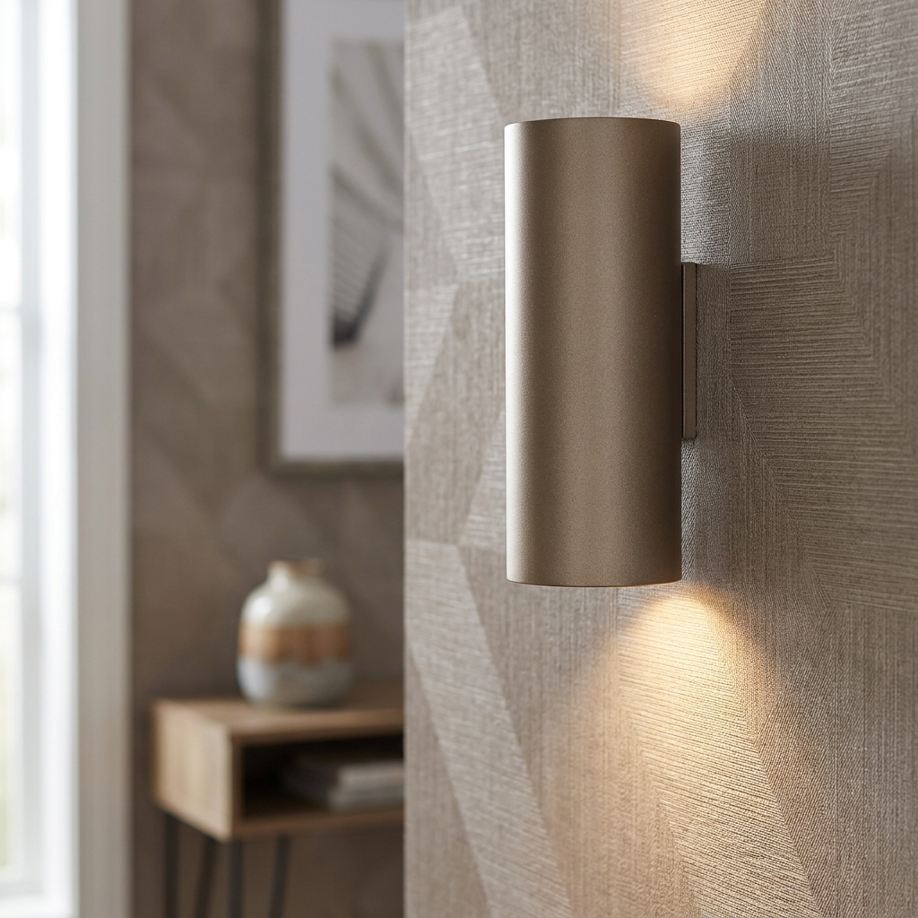 Latte cylindrical wall light casting up and down light against a neutral textured wallpaper.