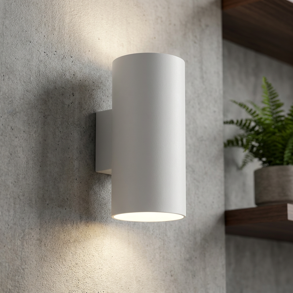 Sand white cylindrical wall light mounted on a concrete wall, emitting light from the top and bottom.
