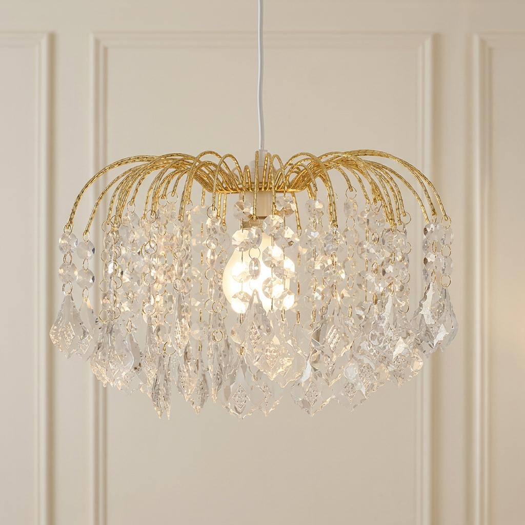 Elegant brass pendant lamp shade with cascading clear crystal droplets, illuminated against a paneled wall.