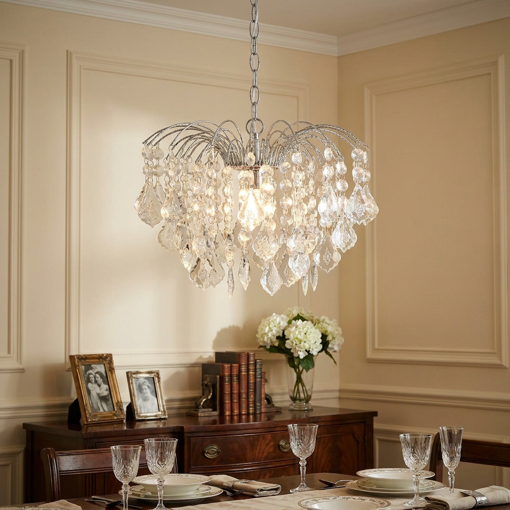 Elegant chrome pendant lamp shade with cascading crystal droplets hanging in a classic dining room.