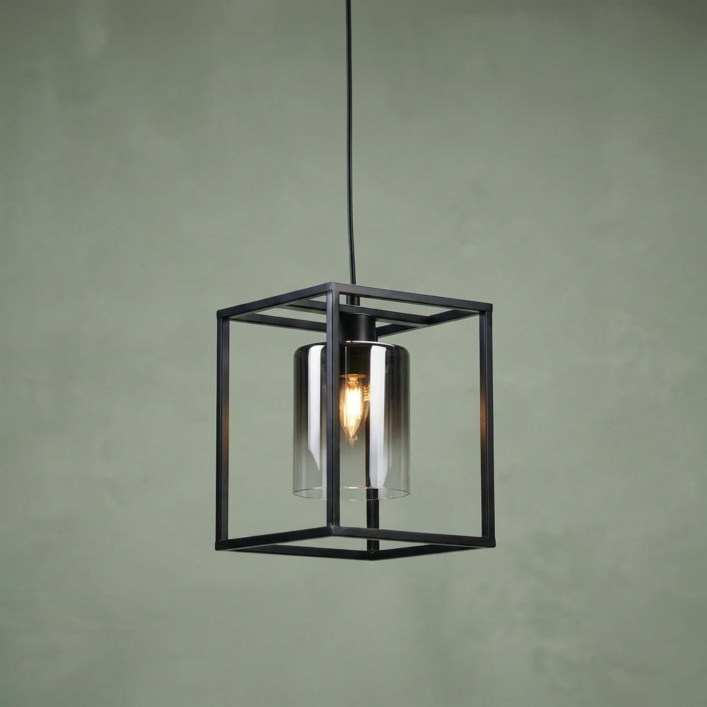 Modern black cube pendant light with a smoked glass cylinder shade against a textured green wall.