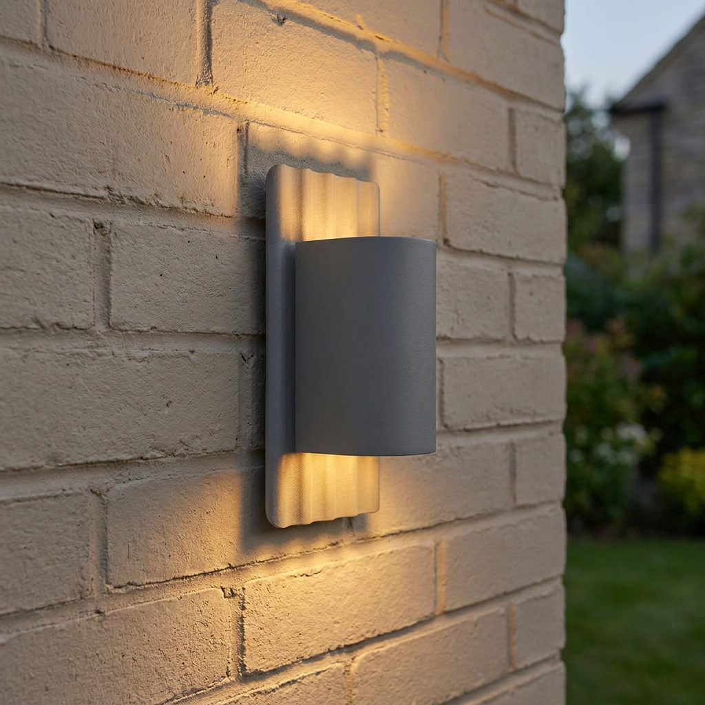 Modern grey up-and-down wall lantern with a fluted backplate glowing on a light brick exterior wall.