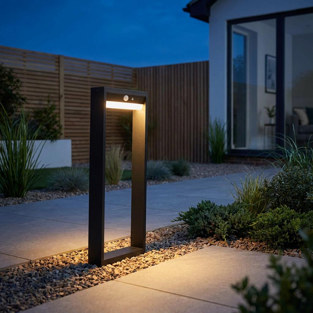 Black rectangular solar bollard light illuminating a modern garden path at dusk.