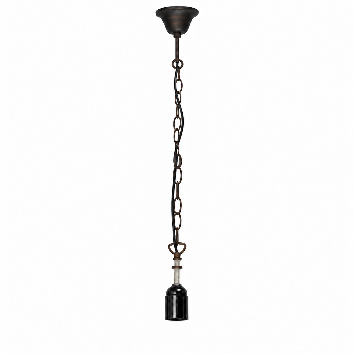 A hanging pendant light fixture with a dark bronze ceiling canopy, a twisted chain suspension, a decorative ring detail, and a black glass bulb socket, shown against a plain white background.