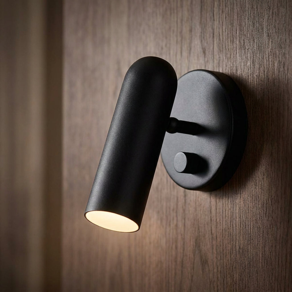 A matte black adjustable cylindrical LED wall light mounted on a wood panel, emitting a warm glow.