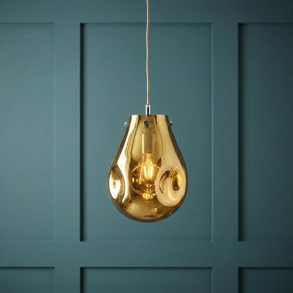 Gold metallic teardrop glass pendant light with a lit bulb against a teal paneled wall.