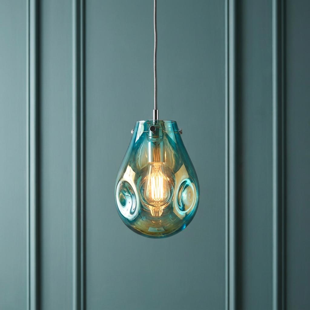 Iridescent petrol glass teardrop pendant light with a glowing bulb against a teal wood-paneled wall.
