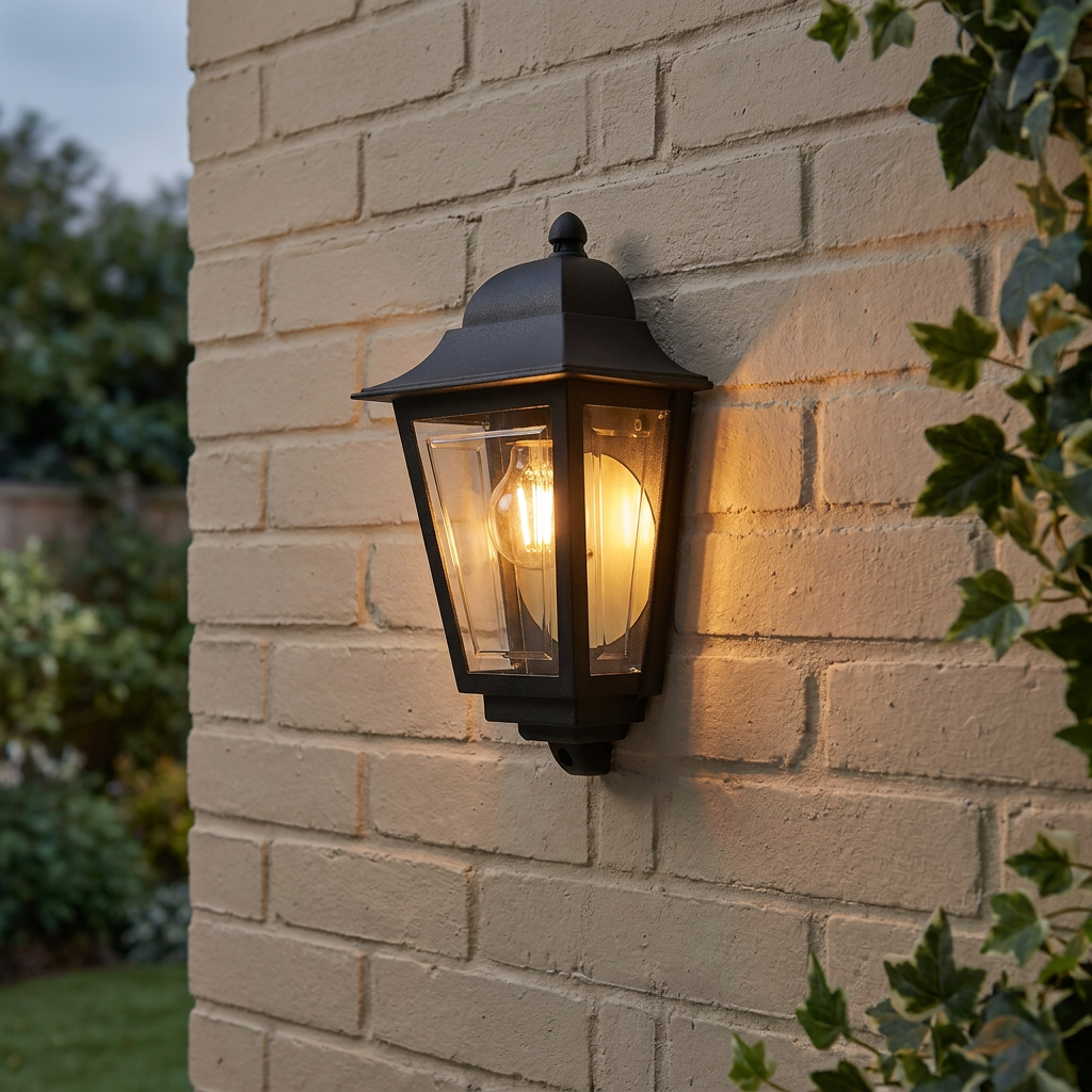 Black outdoor half wall lantern with a warm glowing bulb mounted on a light brick wall near climbing ivy.