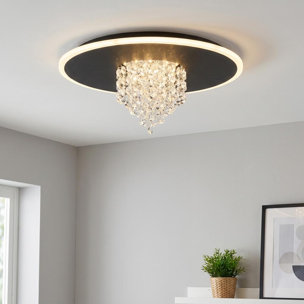 Deluge black LED flush ceiling light with a glowing halo ring and a central cascade of sparkling crystal glass droplets.
