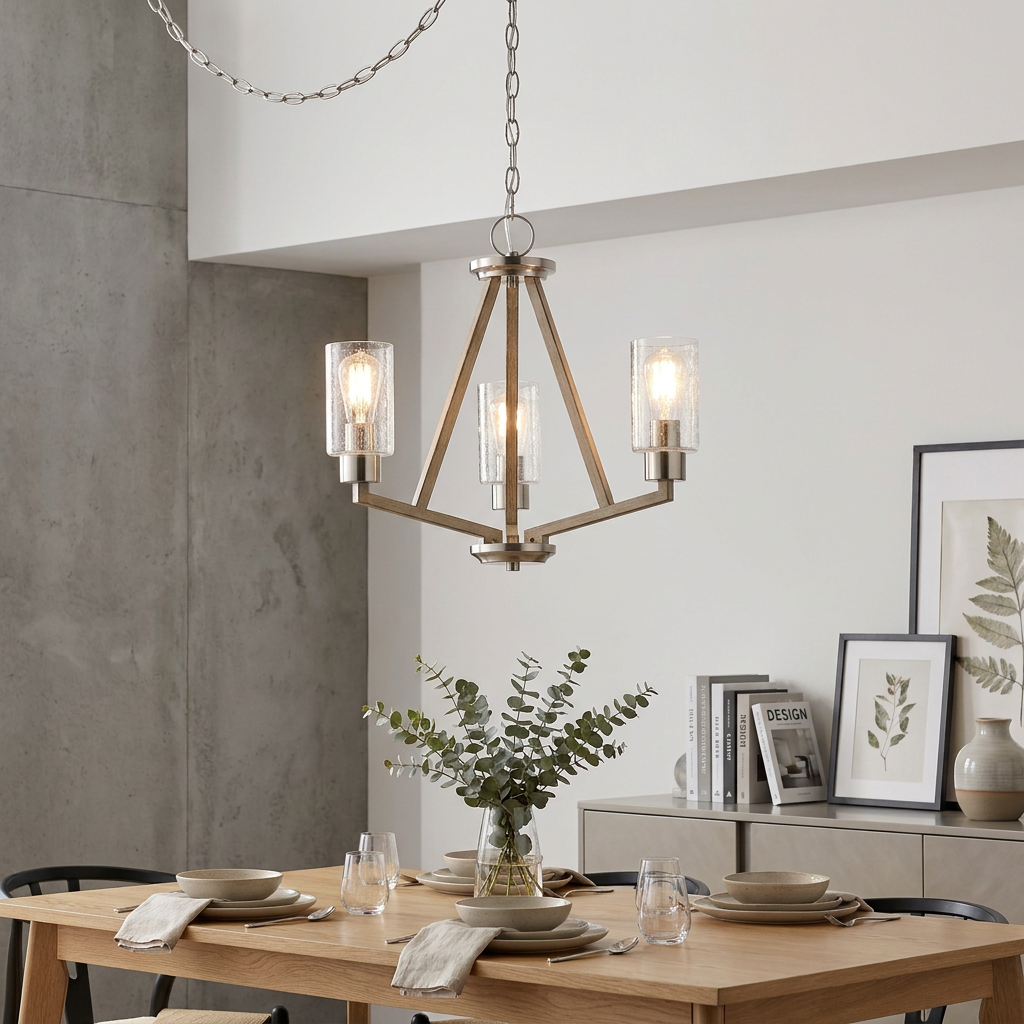 A three-light grey wood and glass chandelier hangs over a set dining table in a modern neutral dining room.