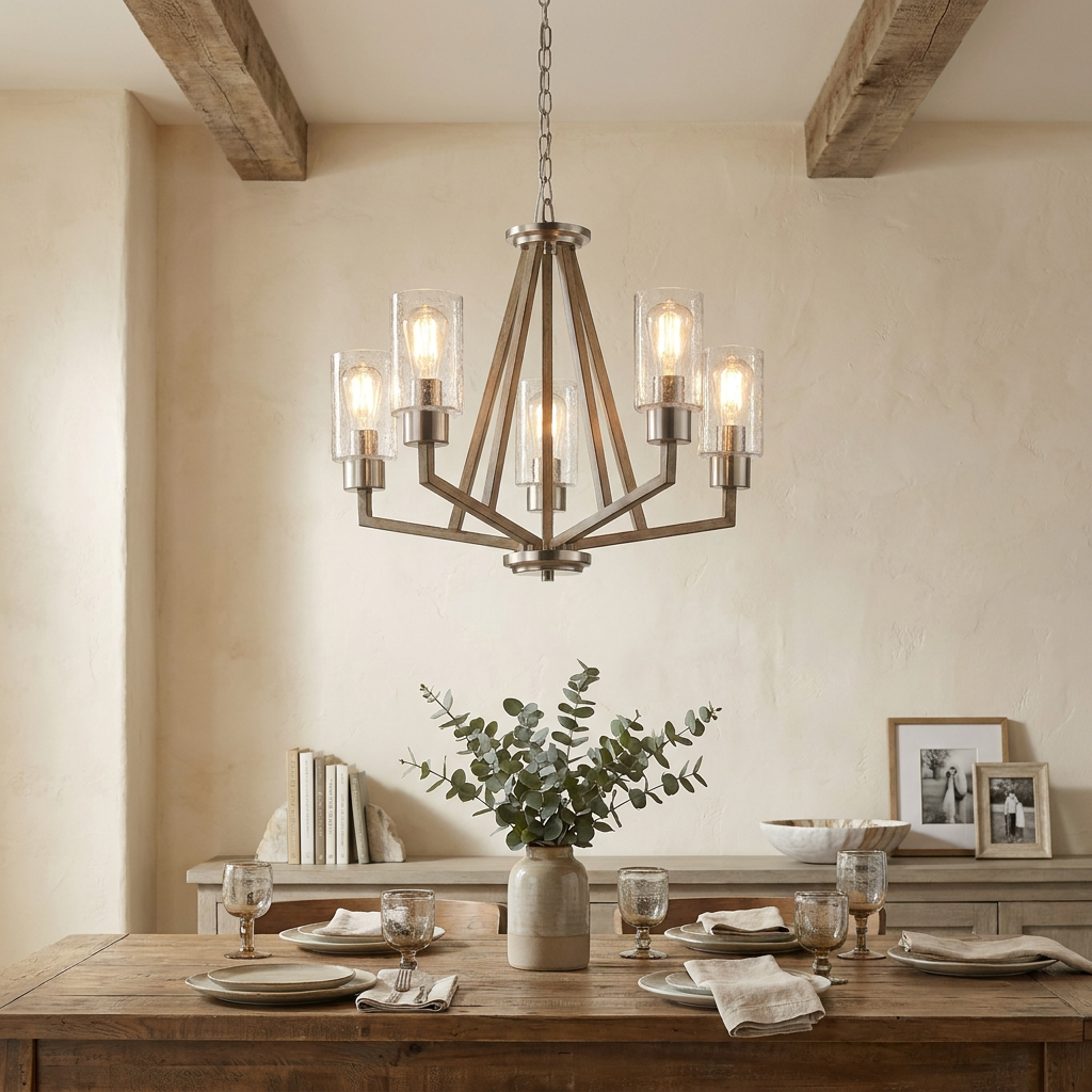 Deryn 5 light grey chandelier with seeded glass shades hanging over a rustic dining table with greenery.