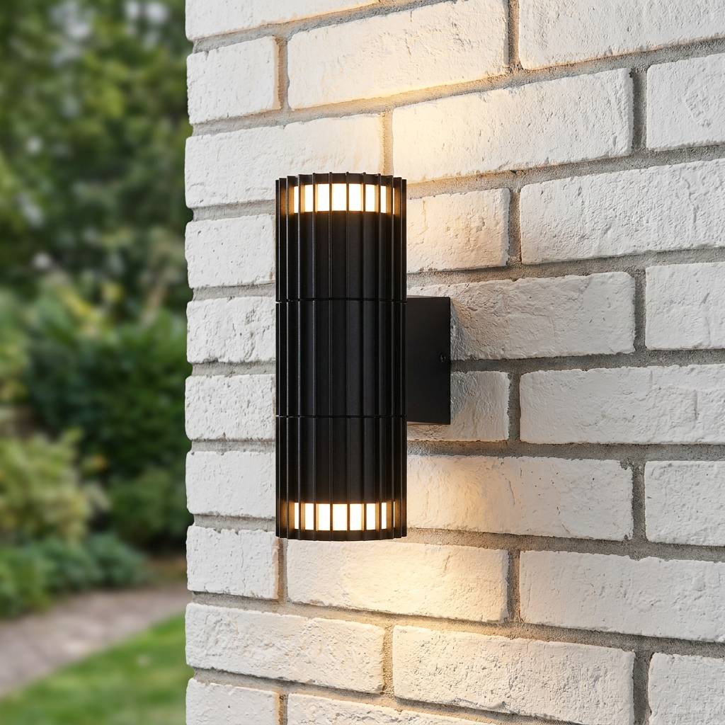 Modern black fluted cylindrical up-down wall light emitting warm light on a white brick wall.