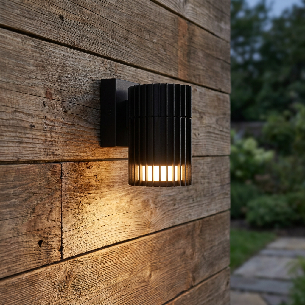 Modern matt black slatted wall light casting a warm glow on a weathered wooden exterior wall at twilight.