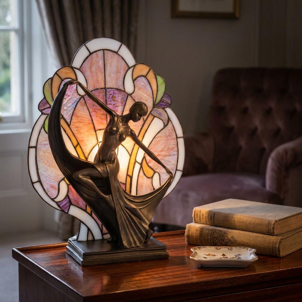 Art Deco bronze dancer table lamp with a vibrant pink and orange stained glass fan backdrop on a wooden side table.