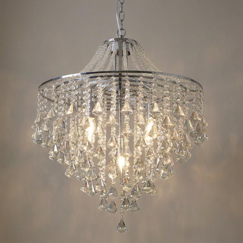 Elegant chrome pendant light featuring cascading tiers of clear crystal drops in a tapered chandelier design.