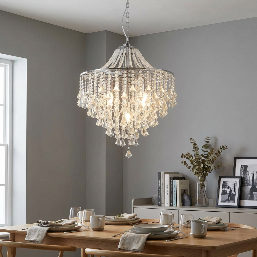 Dorchester five-light chrome and crystal pendant hanging above a dining table in a modern room.