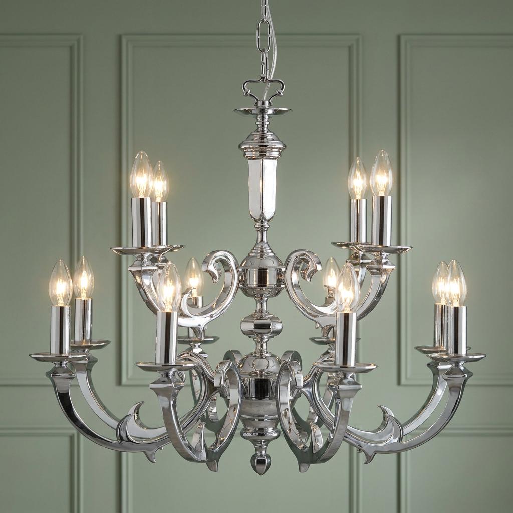 Elegant 12-light chrome chandelier with curved arms and candle-style bulbs against a sage green wall.