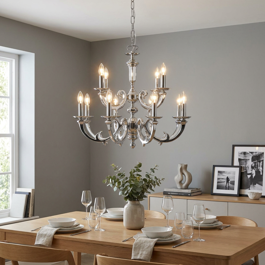 Twelve-light polished chrome chandelier with curved arms hanging over a contemporary wooden dining table.