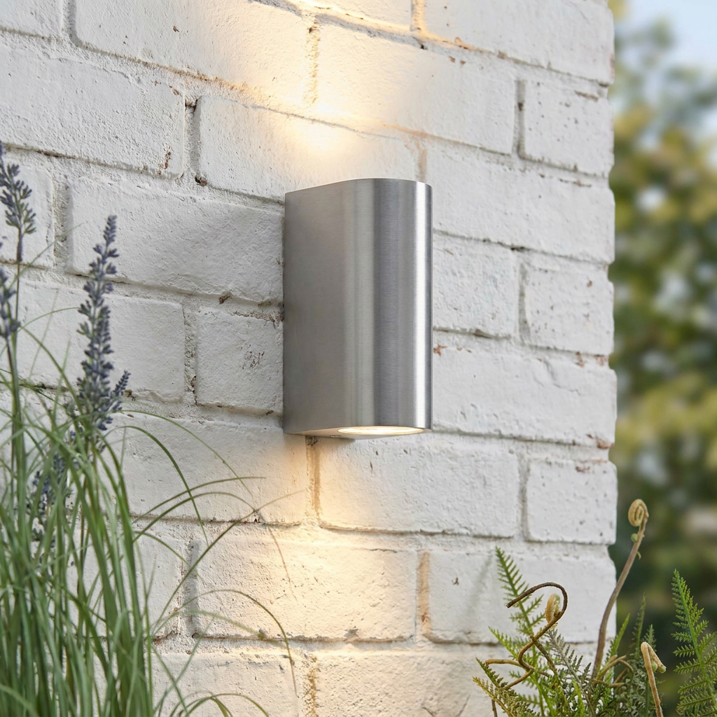 A silver Doron outdoor wall light casts a warm glow up and down a white brick wall surrounded by green plants.