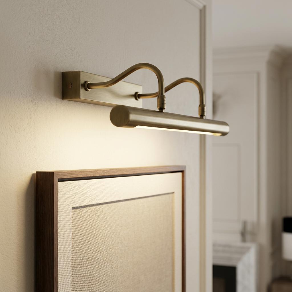 Double antique brass picture light with curved arms illuminating a framed artwork on a wall.