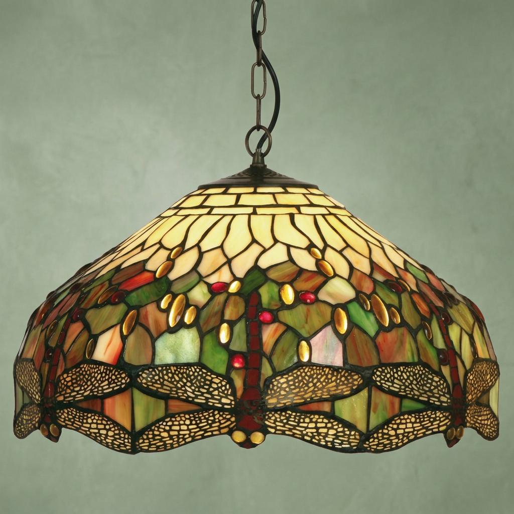 Dragonfly Tiffany pendant ceiling light with intricate stained glass shade suspended by a chain.