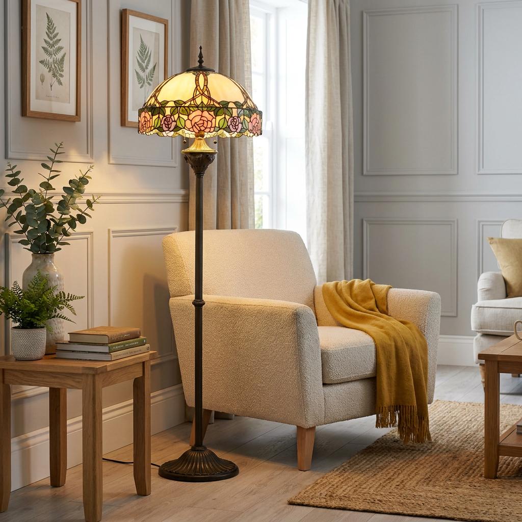 A Driscoll Tiffany floor lamp with a floral rose stained glass shade standing next to a white armchair in a living room.