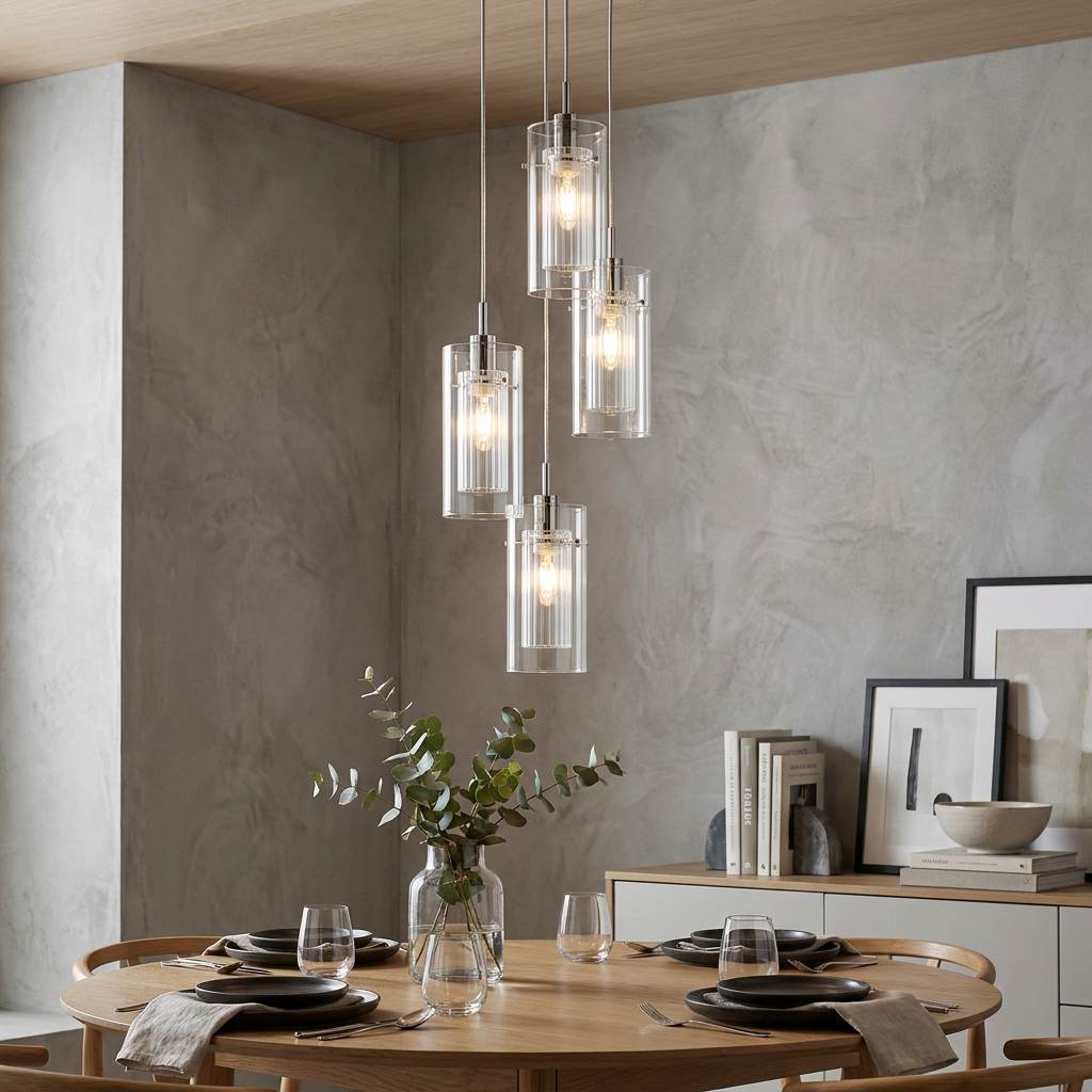 Chrome and double glass cylinder pendants hanging over a modern wooden dining table against a grey concrete wall.