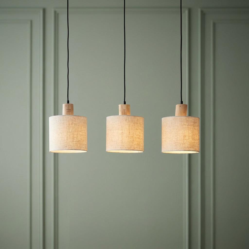 Three pendant lights with cylindrical linen shades and wood accents hanging against a panelled green wall.