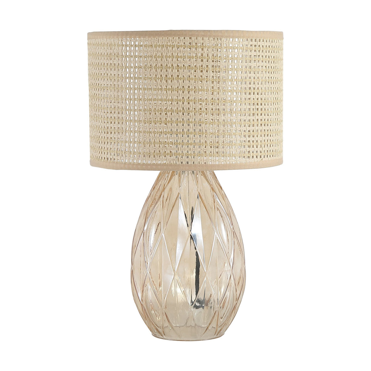 Diane champagne glass table lamp unlit with rattan shade on a white studio background