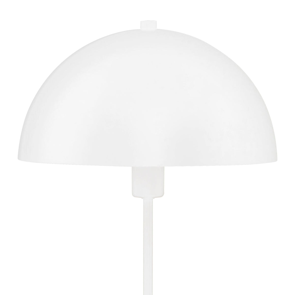 Close-up of the Mushroom lamp's white domed metal shade and slim white stem