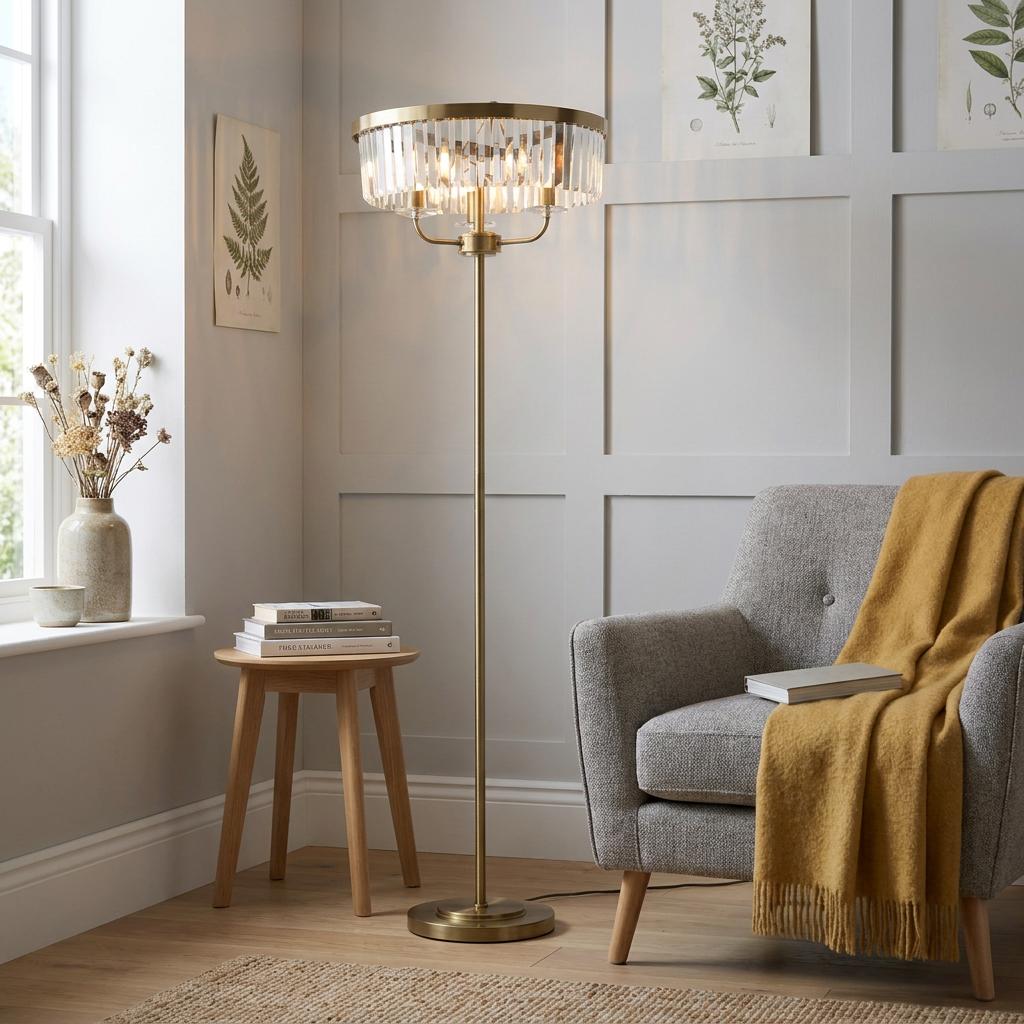 Ealing 3 Light Round Brass and Clear Cut Glass Floor Lamp standing in a modern living room next to a grey armchair.