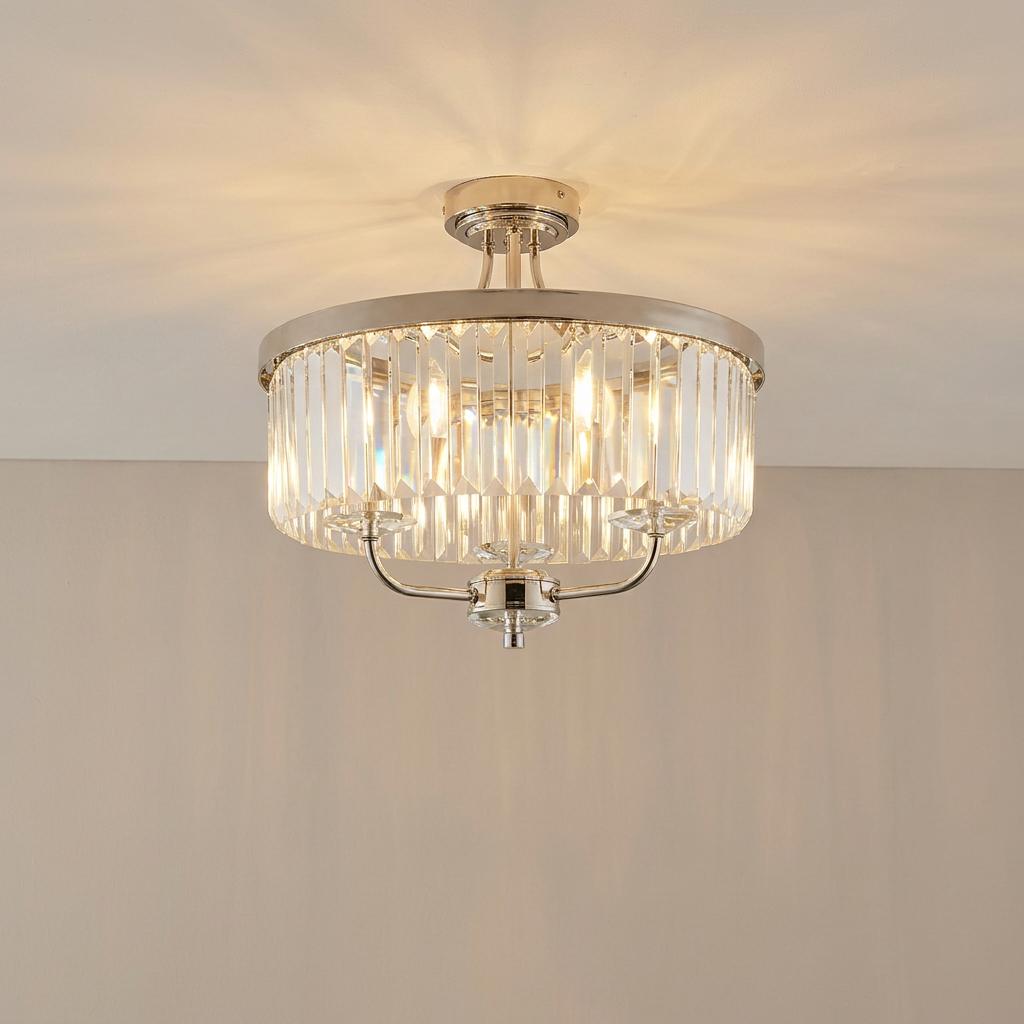 Ealing 3-light semi-flush ceiling fixture with polished nickel frame and clear cut glass prisms.