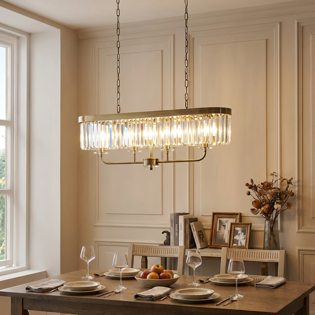 Brass 4-light linear pendant with faceted glass crystals hanging over a set dining table in an elegant room.