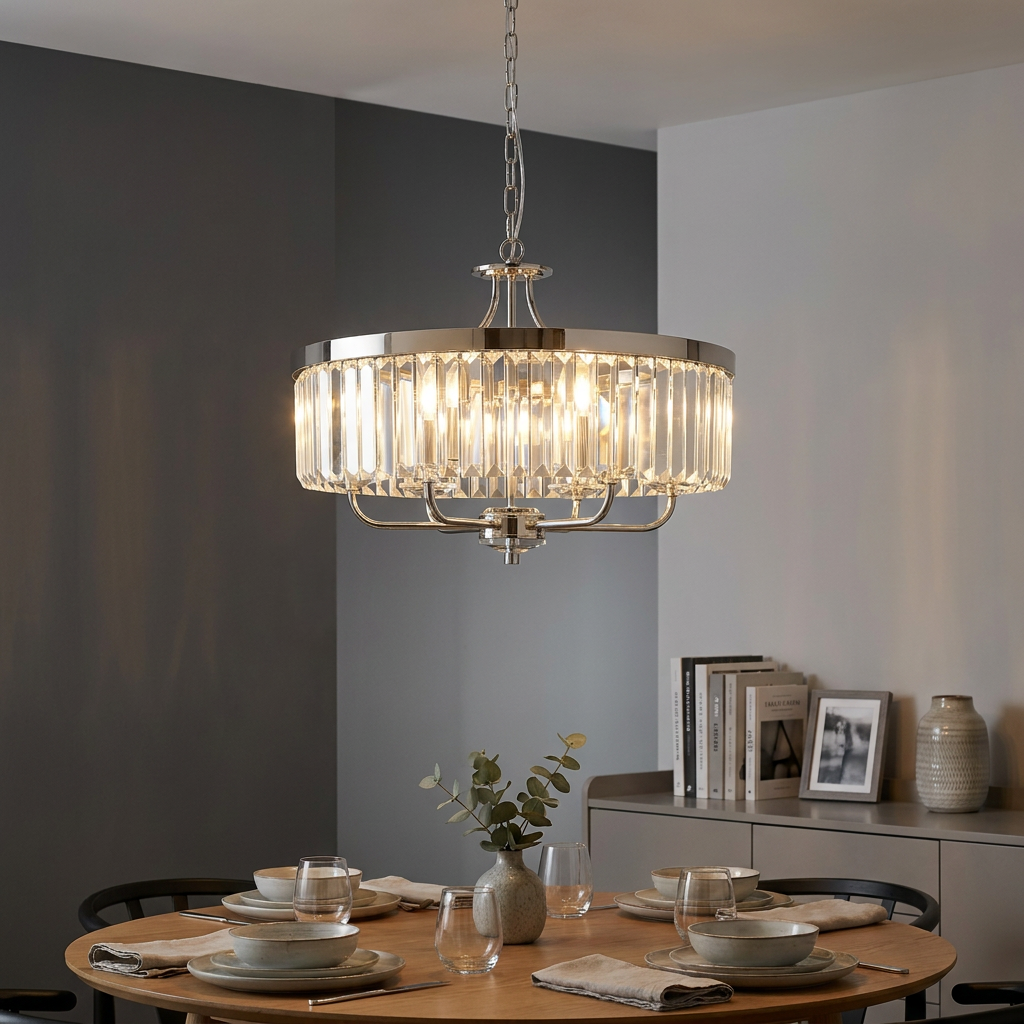 Ealing Round 6 light chrome and clear cut glass pendant hanging over a contemporary wooden dining table.