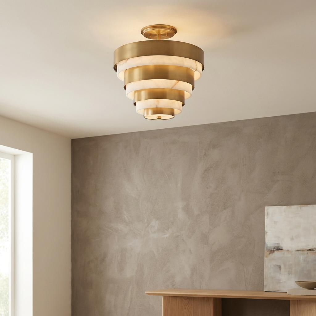 Tiered brass and alabaster semi-flush ceiling light mounted in a modern room with a textured grey wall.