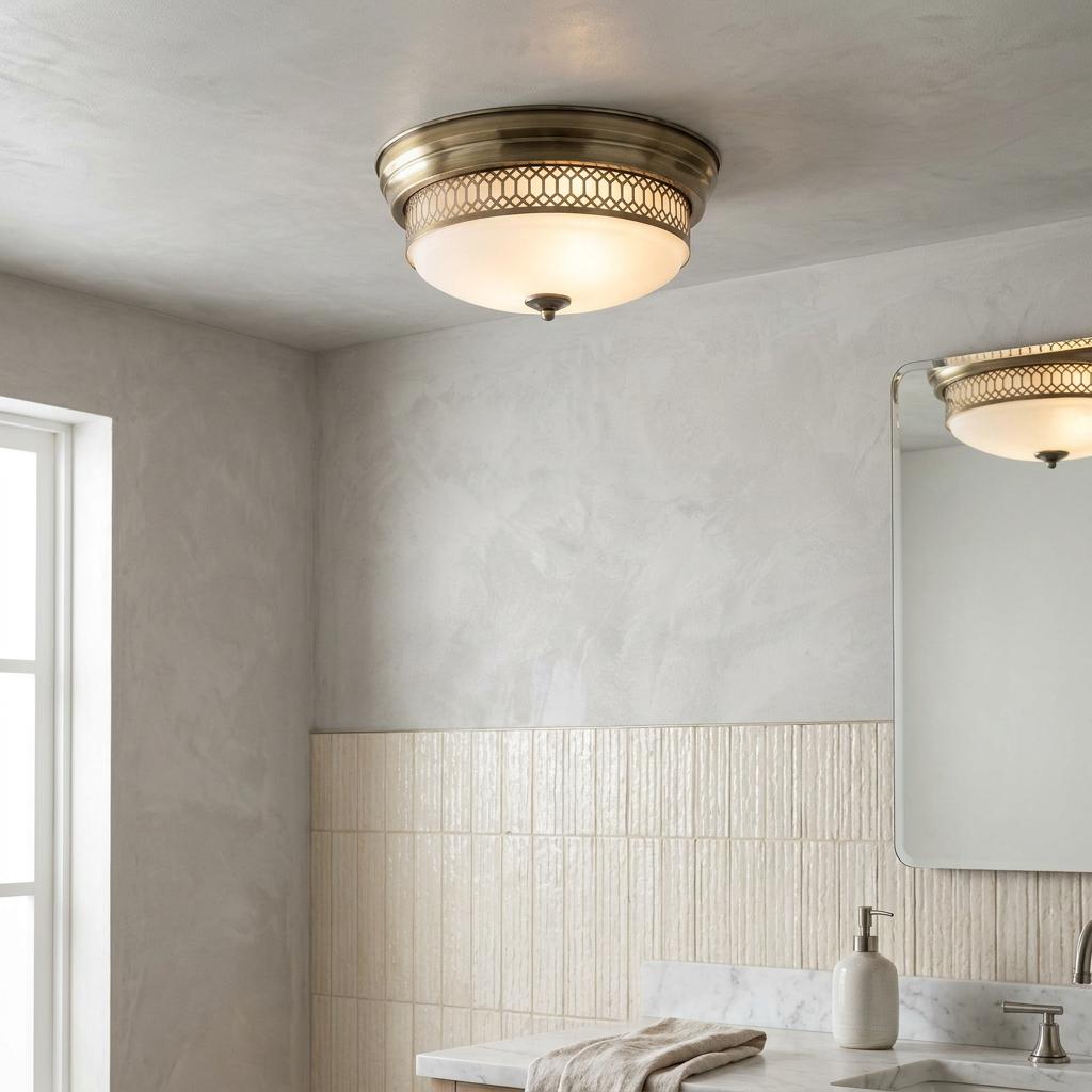 Brass flush bathroom ceiling light with a decorative lattice band and opal glass dome.