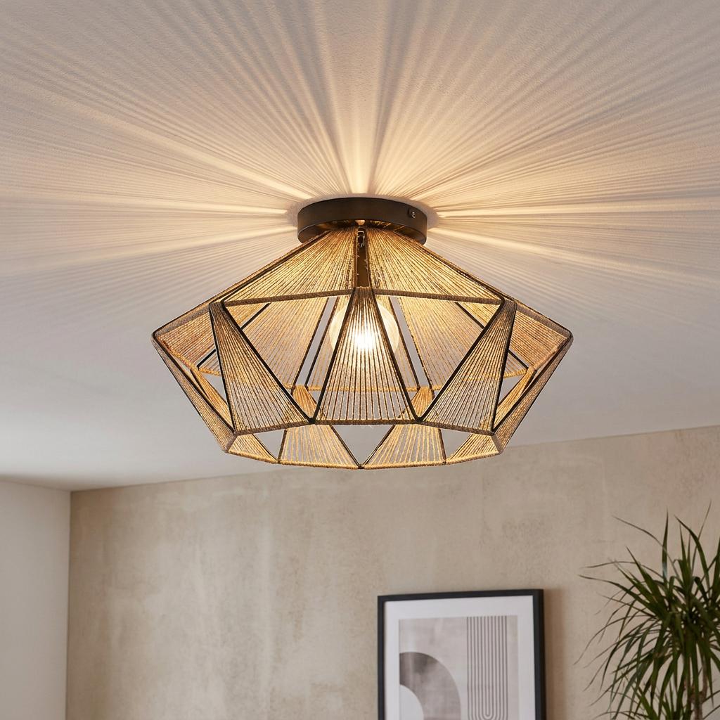 Diamond-shaped flush ceiling light with black metal frame and woven hemp twine casting radial shadows.