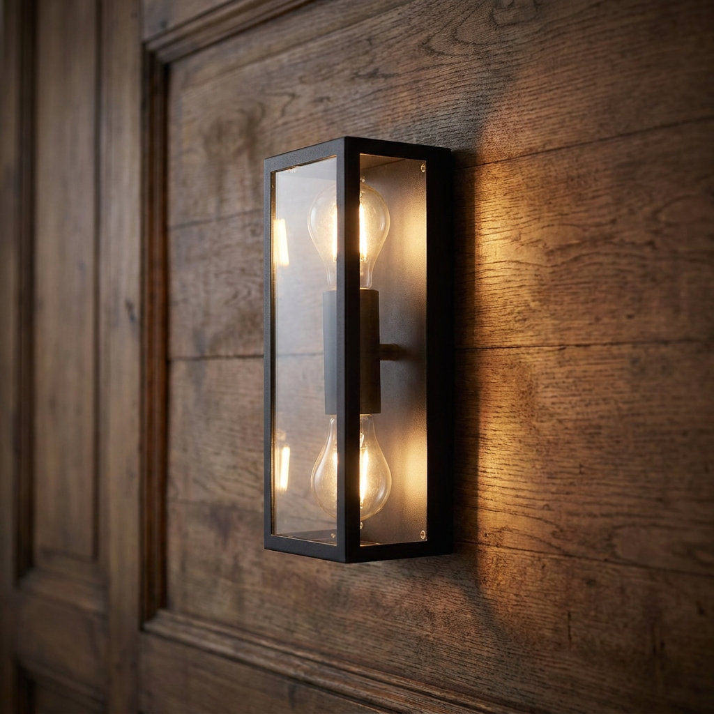 A black rectangular outdoor wall light with two glowing bulbs mounted on a rustic wooden panel.