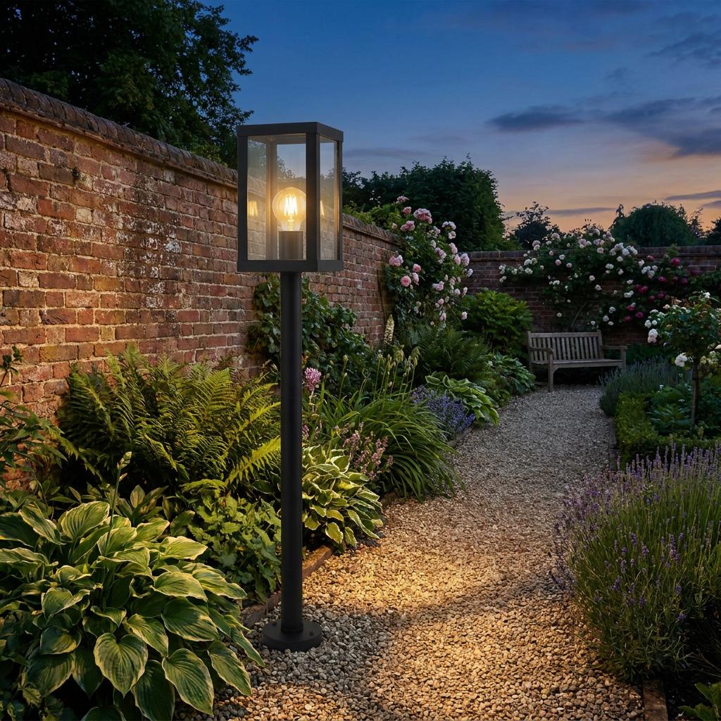A black outdoor bollard light illuminates a pebble garden path at dusk, surrounded by lush green plants and a brick wall.