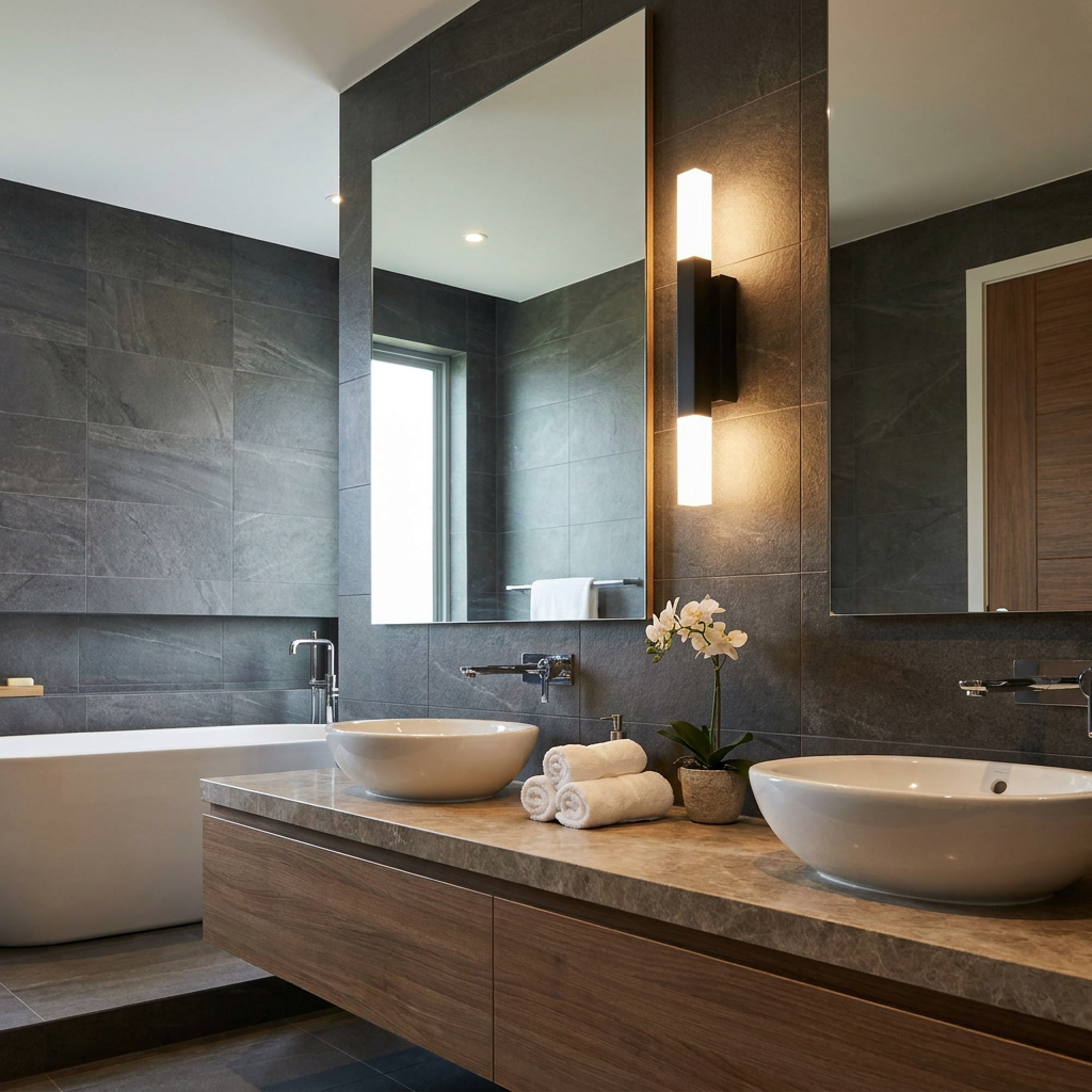 A black and frosted glass LED wall light illuminates a modern bathroom with grey tiles and double vessel sinks.
