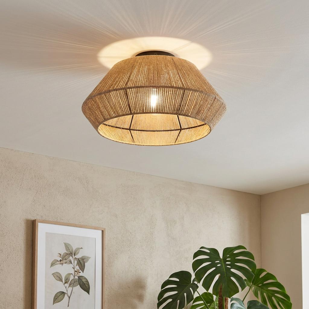 Eglo Alderney flush ceiling light with a tapered woven thread shade casting light patterns in a modern room.