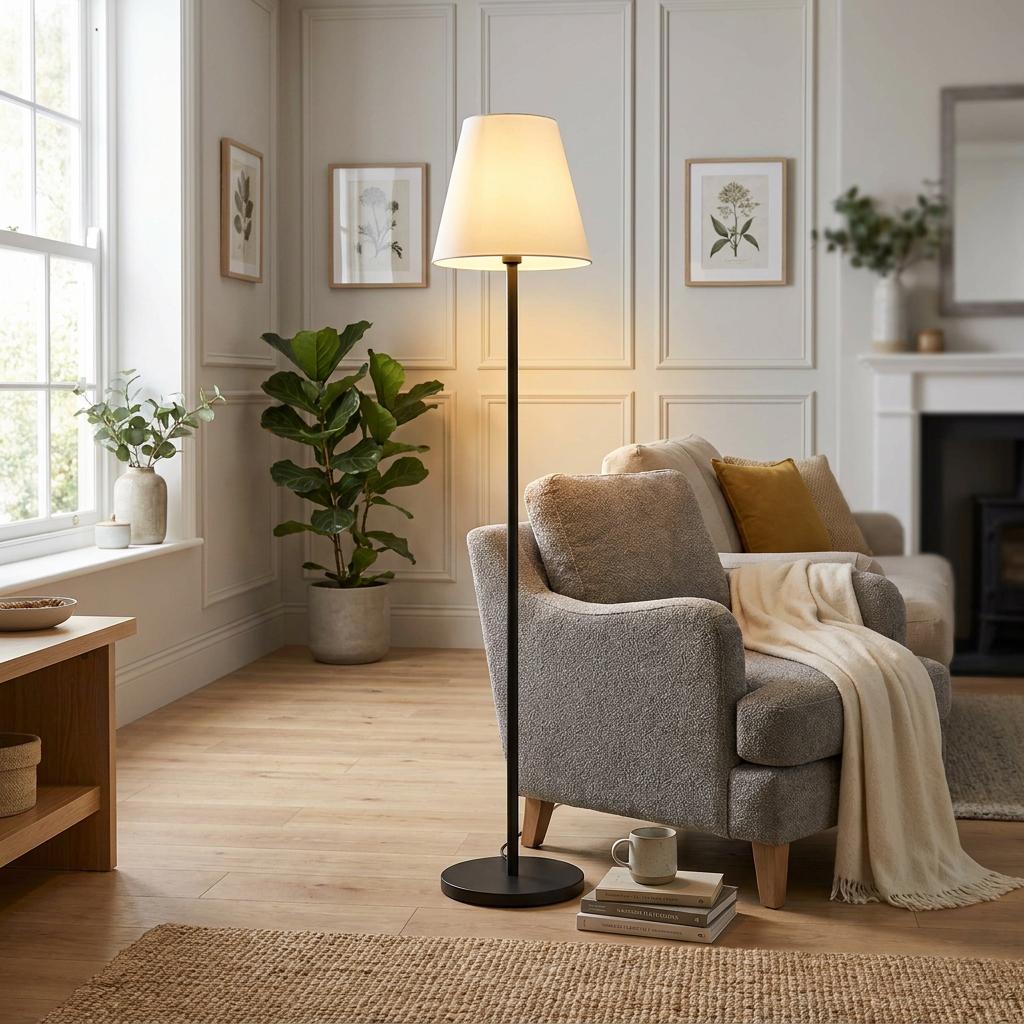 A black floor lamp with a glowing white shade stands next to a grey armchair in a brightly lit living room.