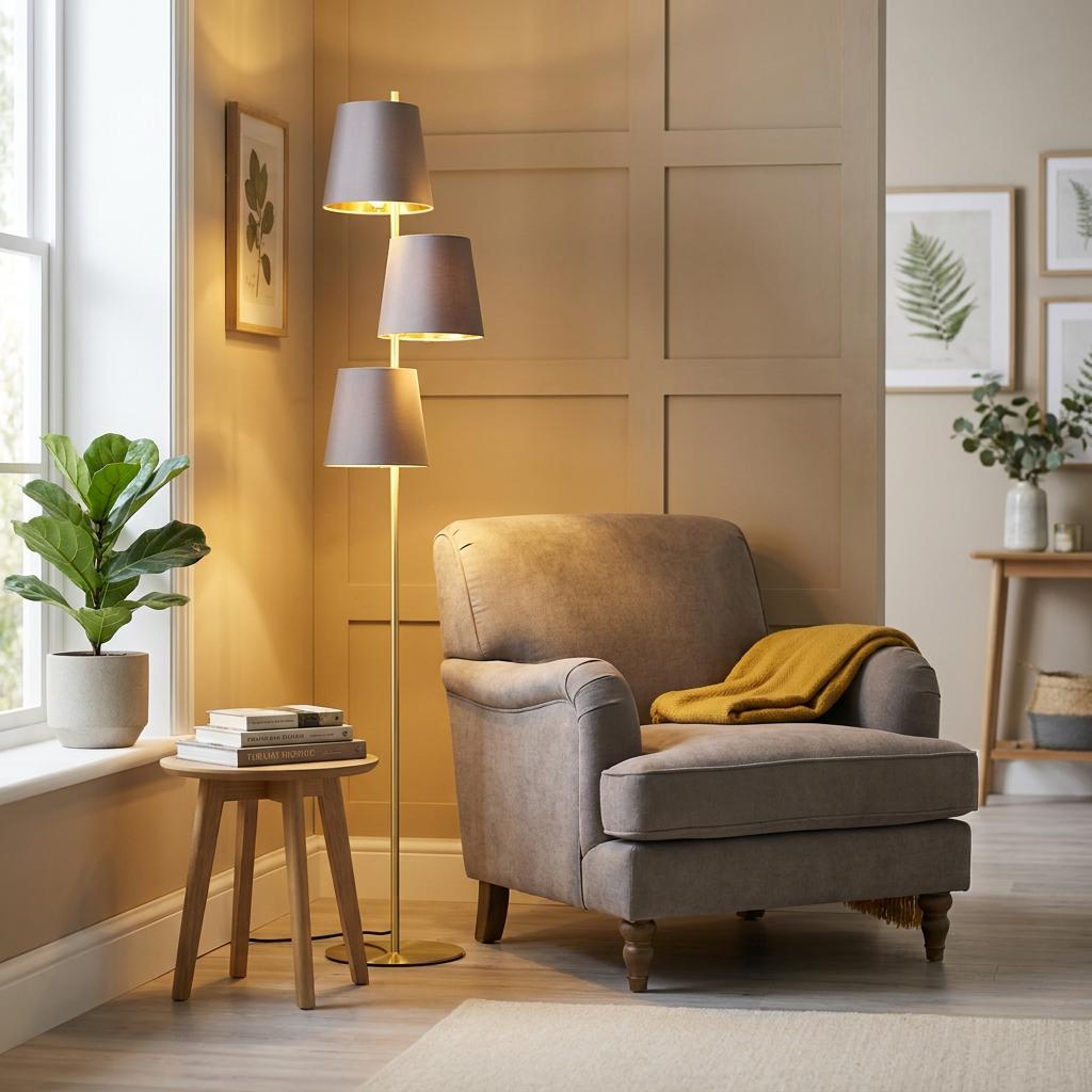 Eglo Almeida 2 brass floor lamp with three brown fabric shades lighting a living room armchair and side table.