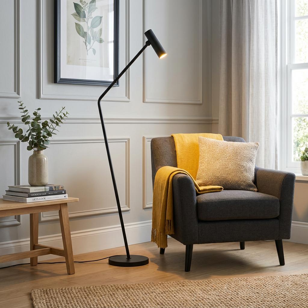 Sleek black Eglo Almudaina floor lamp illuminating a grey armchair with a yellow throw in a modern living room.
