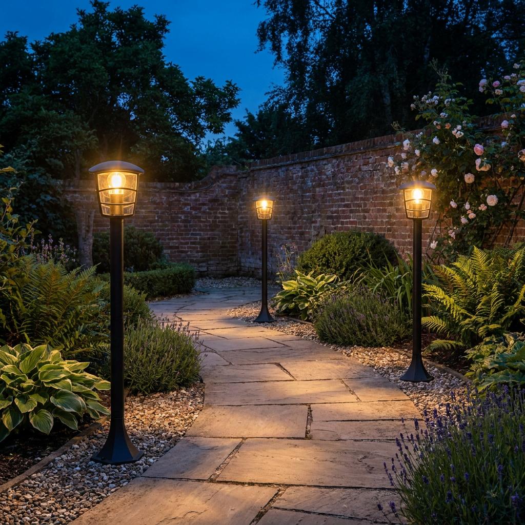 Black bollard lights illuminate a winding stone pathway in a lush evening garden by a brick wall.