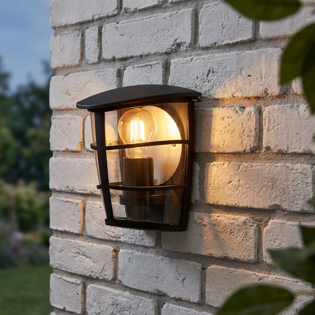 Eglo Aloria black outdoor lantern wall light with a warm glowing bulb on a white brick wall.